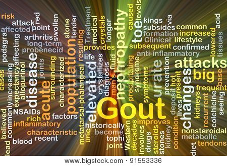 Background concept wordcloud illustration of gout glowing light