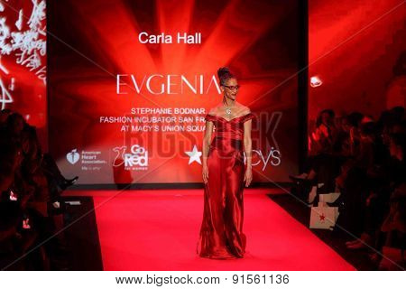 NEW YORK-FEB 12: Chef Carla Hall wears Evgenia at Go Red for Women-The Heart Truth Red Dress Collection at Mercedes-Benz Fashion Week at Lincoln Center on February 12, 2014 in New York City.