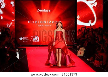 NEW YORK-FEB 12: Actress Zendaya wears Rubinsinger at Go Red for Women-The Heart Truth Red Dress Collection at Mercedes-Benz Fashion Week at Lincoln Center on February 12, 2015 in New York City.