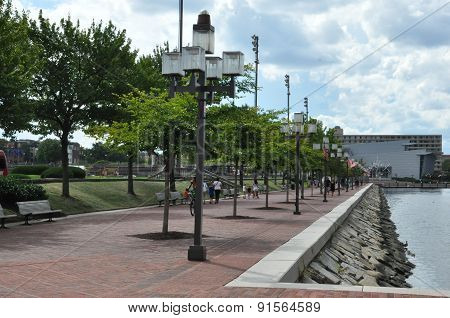 BALTIMORE, MARYLAND - SEP 1: The Inner Harbor in Baltimore, Maryland, on Sep 1, 2014. The Harbor is a historic seaport, tourist attraction and landmark.