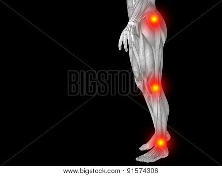 Conceptual 3D human man anatomy lower body or health design, joint or articular pain, ache or injury isolated on black background