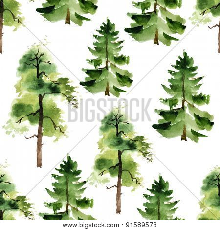 Watercolor trees seamless pattern on white background