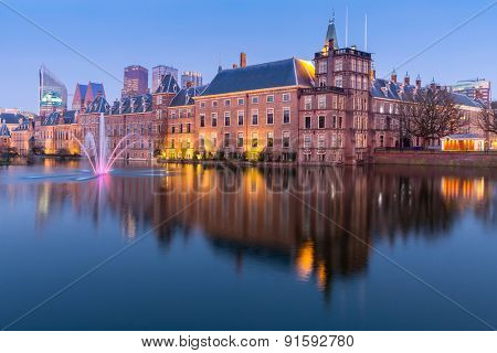 Binnenhof palace, place of Parliament in The Hague, of Netherlands at dusk