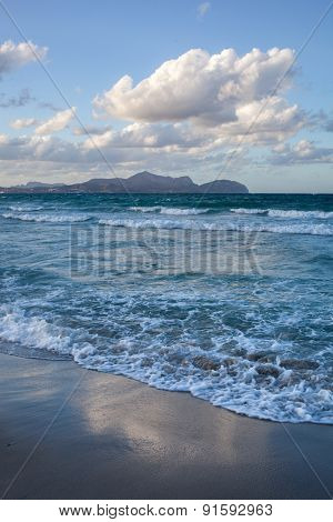 Sunset on beach of Can Picafort, Mallorca, Balearic Islands, Spain