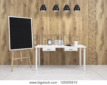 Moveable blackboard at table four lamps above. Wooden wall. Concept of decoration. Mock up. 3D rendering
