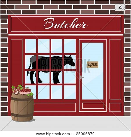Butcher shop building. Cow sticker on window. Barrel with fresh slices of meat at the fore. Brown brick facade. Vector illustration EPS10.