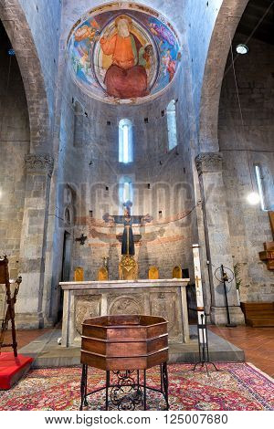 Interior of the Church of Saint Andrea (Pieve di Sant'Andrea) VIII century. Pistoia, Tuscany, Italy