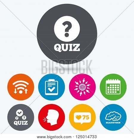Wifi, like counter and calendar icons. Quiz icons. Human brain think. Checklist with check mark symbol. Survey poll or questionnaire feedback form sign. Human talk, go to web.
