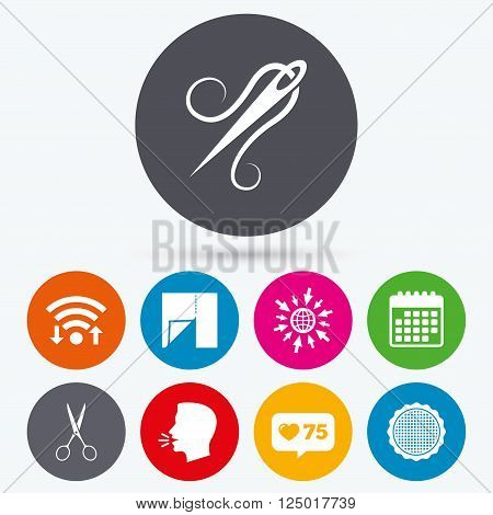 Wifi, like counter and calendar icons. Textile cloth piece icon. Scissors hairdresser symbol. Needle with thread. Tailor symbol. Canvas for embroidery. Human talk, go to web.