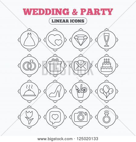 Linear icons with direction arrows. Wedding and party icons. Dress, diamond and rings. Gift box, invitatiom letter and rose flower. Speech bubble with heart and photo camera. Circle buttons.
