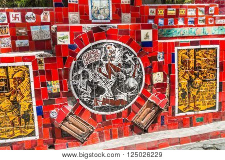 Rio de Janeiro, Brazil - December 21, 2012: The Landmark of Rio de Janeiro - Selaron Stairs, situated in Lapa, Rio de Janeiro, Brazil. The stairway is famous work of Chilean artist Jorge Selaron.