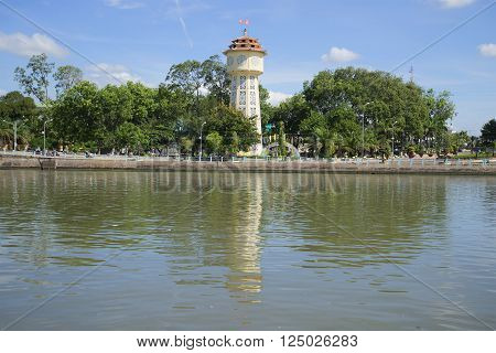 PHAN THIET, VIETNAM - DECEMBER 24, 2015: The old water tower on the river Sa Tu sunny day. The historic landmark of the city of Phan Thiet, Vietnam
