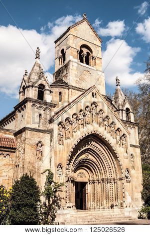 Exterior view of The Chapel of Jak, Budapest, Hungary. Beautiful medieval church with large portal.
