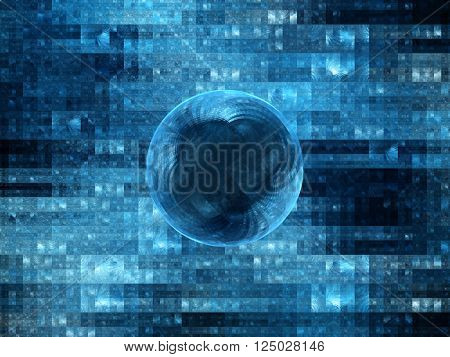 Blue glowing spere with abstract space background, computer generated