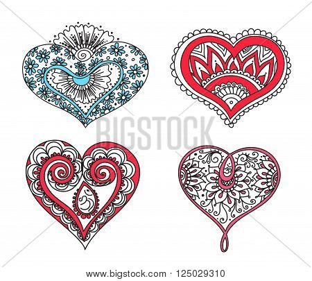 Vector abstract pattern of tattoo henna hearts. Stock mehndi set for design on white background.