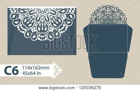 Template congratulatory envelope with carved openwork pattern. Template is suitable for greeting cards invitations menus etc. Picture suitable for laser cutting or printing. Vector. Easy to edit