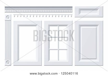 Front door, drawer, column, cornice for kitchen cabinet isolated on white