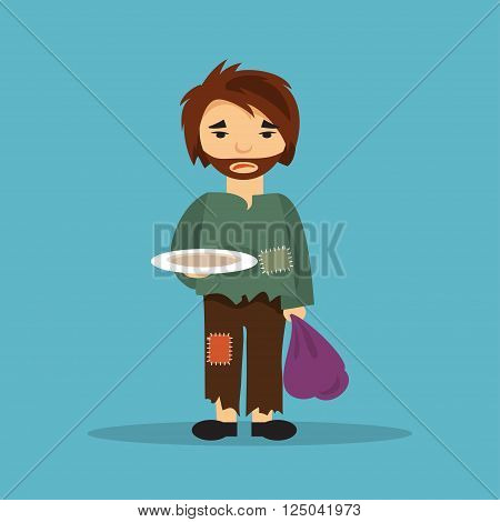 Hungry homeless man with an empty plate begging for food. The illustration on a social theme.