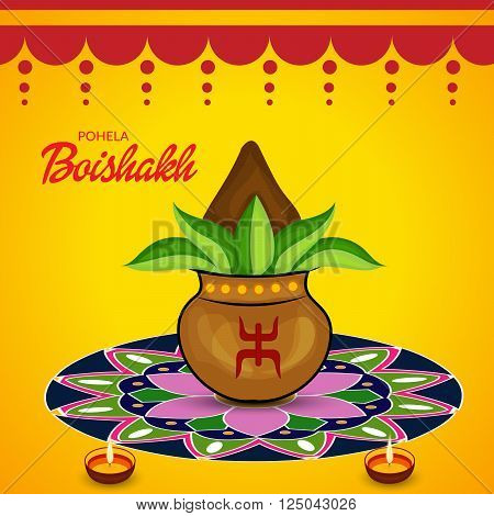 Illustration of Bengali new Year Poila Baisakh in Bengali typography with traditional background.