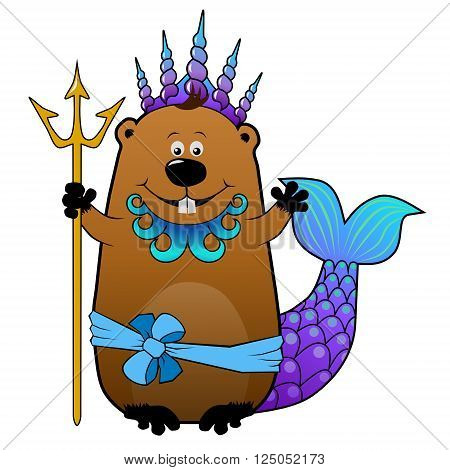 Funny cartoon beaver in Neptune Poseidon carnival costume