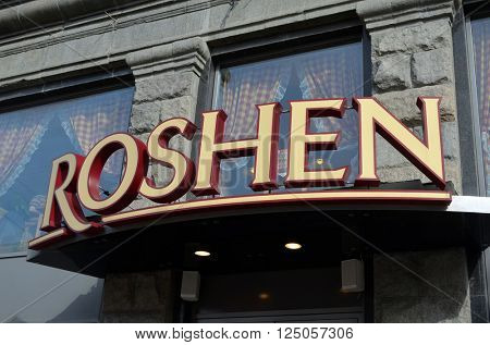 The brand store. Roshen company is producer of sweets and chocolate. The company is controlled by the president of Ukraine Petro Poroshenko.At April 8,2016 in Kiev, Ukraine