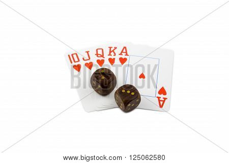 wooden dices with royal flush poker cards isolated on white background