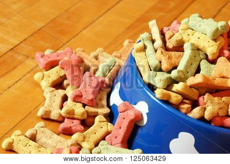 A closeup view of an abundant supply of dog treats overflowing his bowl on the hardwood floor of his domestic lifestyle.