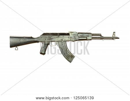 akm assault rifle 3d illustration in color. metal parts. transparent body. lines contour.