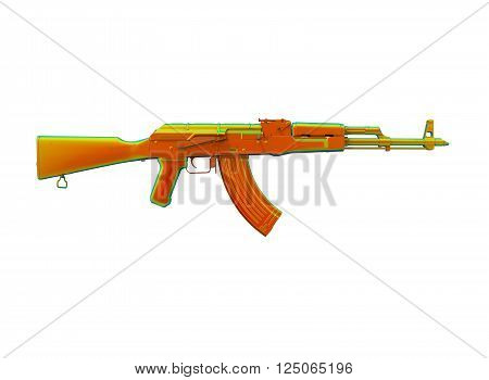 akm assault rifle 3d illustration in color. metal parts. body. lines contour.