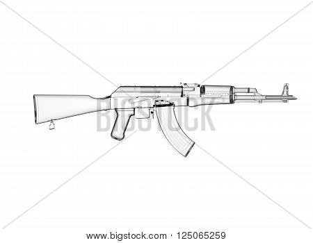 akm assault rifle 3d illustration in color. metal parts. transparent body. lines contour.