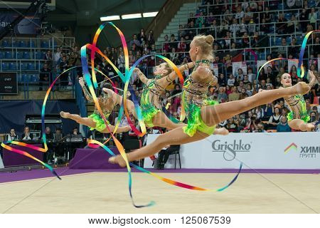 MOSCOW RUSSIA - FEBRUARY 19 2016: group exercises the Russian team on Rhythmic gymnastics Alina Cup Grand Prix Moscow - 2016 in Moscow sport palace Luzhniki Russia