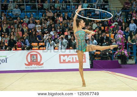 MOSCOW, RUSSIA - FEBRUARY 19, 2016: Vladinova Neviana, Bulgaria on Rhythmic gymnastics Alina Cup Grand Prix Moscow - 2016 in Moscow sport palace Luzhniki, Russia