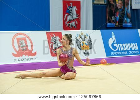 MOSCOW RUSSIA - FEBRUARY 19 2016: Vladinova Neviana Bulgaria on Rhythmic gymnastics Alina Cup Grand Prix Moscow - 2016 in Moscow sport palace Luzhniki Russia