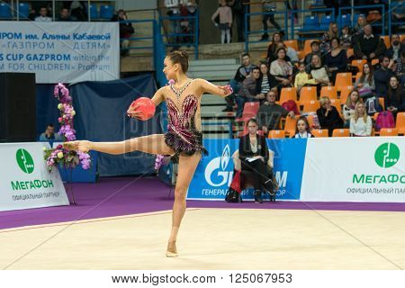 MOSCOW RUSSIA - FEBRUARY 19 2016: Son Yeon Jae Korea on Rhythmic gymnastics Alina Cup Grand Prix Moscow - 2016 in Moscow sport palace Luzhniki Russia