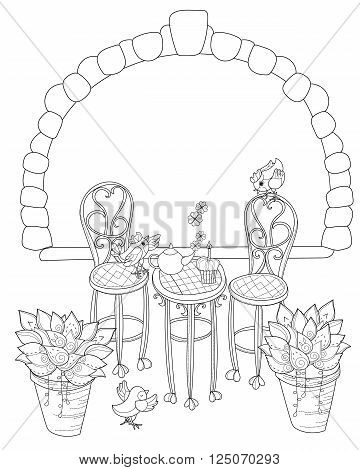 Vector cute birthday tea time.Vector line illustration.Sketch for coloring adult book.Boho style hand drawn doodle.Terassa chairs table teapot pie plants in pots birds tea timestone arch.