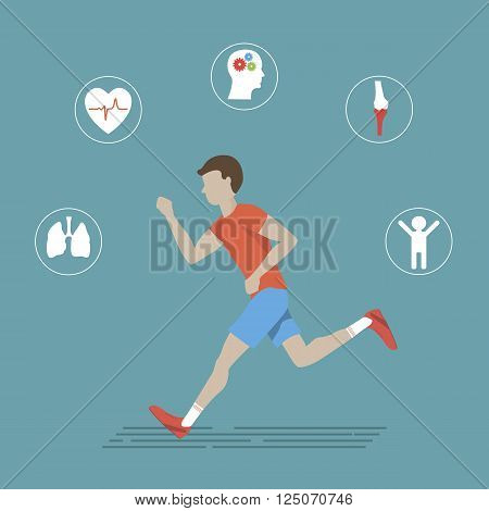 Illustration of man running on the road. Vector fitness infographics healthy lifestyle and sport. Sport icons in flat design. Vector running health infographic. Benefits of running infographic or poster