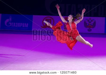 MOSCOW, RUSSIA - FEBRUARY 21, 2016: Margarita Mamun, Russia at the gala concert Grand Prix Moscow - 2016 in Moscow sport palace Luzhniki, Russia