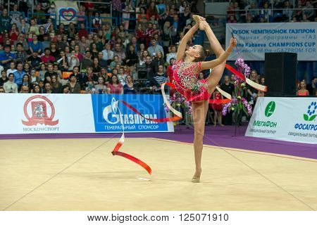 MOSCOW RUSSIA - FEBRUARY 21 2016: Averina Arina Russia on Rhythmic gymnastics Alina Cup Grand Prix Moscow - 2016 in Moscow sport palace Luzhniki Russia