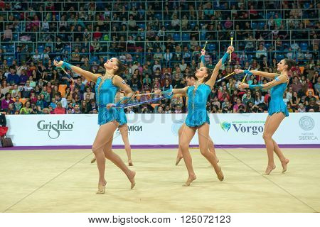 MOSCOW RUSSIA - FEBRUARY 21 2016: group exercises the Greek team on Rhythmic gymnastics Alina Cup Grand Prix Moscow - 2016 in Moscow sport palace Luzhniki Russia