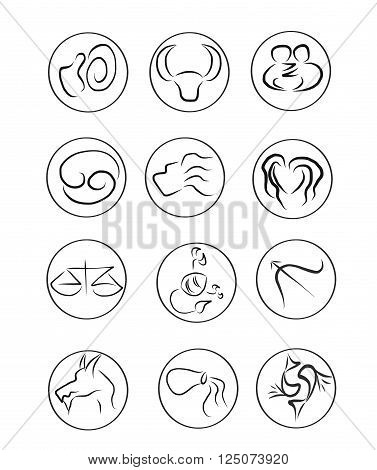 Zodiac sign from Aries to Pices in art brush hand draw style black line