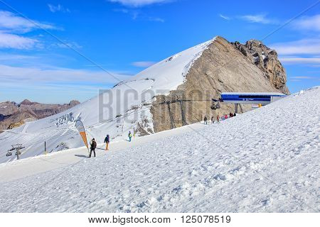 Mt. Titlis, Switzerland - 12 October, 2015: view on the top of the mountain. Titlis (also Mount Titlis) is a mountain of the Uri Alps located on the border between the Swiss cantons of Obwalden and Bern.