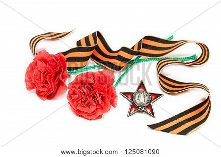 George ribbon order of red star and self-made carnations. Postcard to the Day of Victory. May 9/ Russian translation: proletarians of all countries unite! The USSR