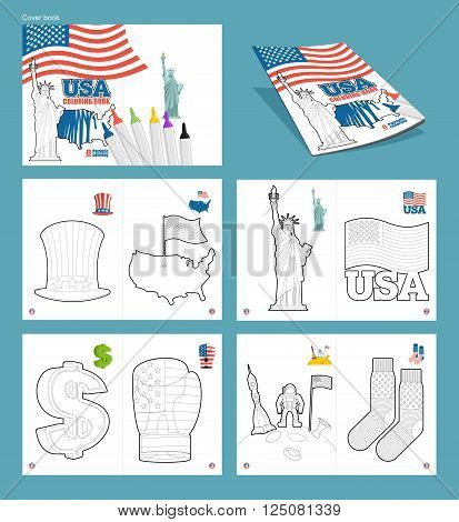 Usa Coloring Book. Patriotic Illustrations. National Symbols America. Uncle Sam Hat And Map Of Ountr