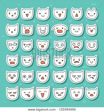 Emotions large set 36 pieces. Cat Smile. Emoji set cat. Anger and compassion. Laughter and tears. Smile and sadness. Sadness surprise. Happiness  fear. Cat. Cheerful. Smile isolated . Volume smiles .
