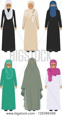 Detailed illustration of different standing arab old women in the traditional national muslim arabic clothing isolated on white background in flat style.