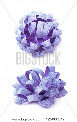 Decorational violet ribbon gift bow isolated over the white background, set collection of two diffirent foreshortenings