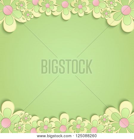 Flowers Spring border card 3D green yellow vector
