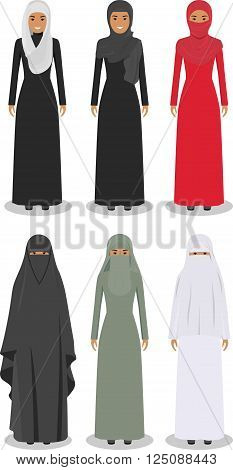 Detailed illustration of different standing arab women in the traditional national muslim arabic clothing isolated on white background in flat style.