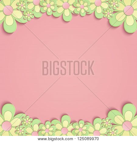 Flowers Spring border card 3D pink green vector