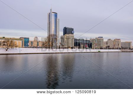 Minsk, Belarus - March 5: residential and office building on the waterfront of the river Svisloch in the centre of Minsk, in March 5, 2016, in Minsk, Belarus.